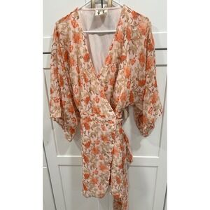 PPLA Clothing Nuri Dress Coral Multi Floral Wrap Kimono Sleeve Mini Dress M‎